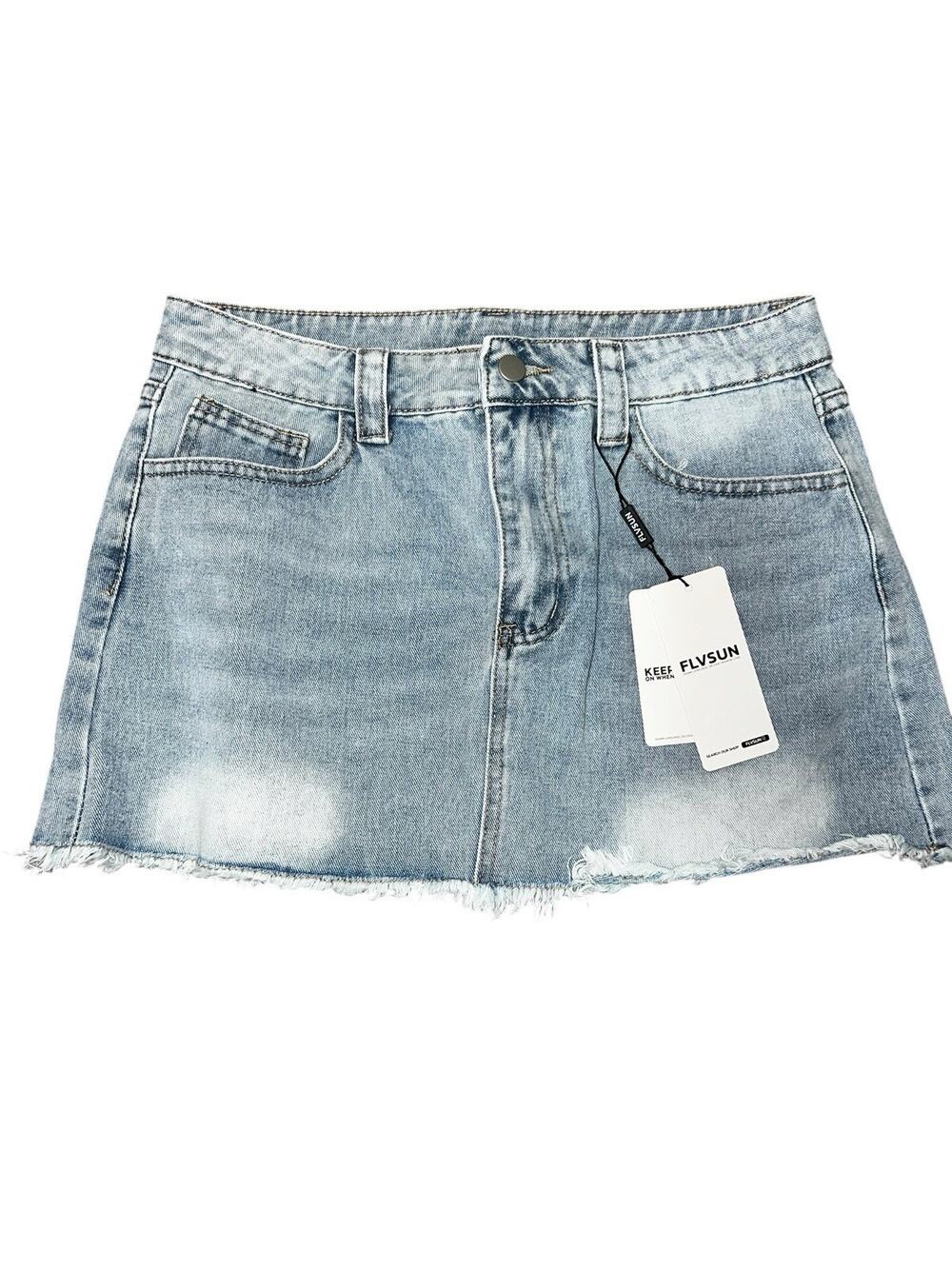 FLVSUN Women’s Light Wash Denim Mini Skirt Frayed Hem Y2K Size L NWT